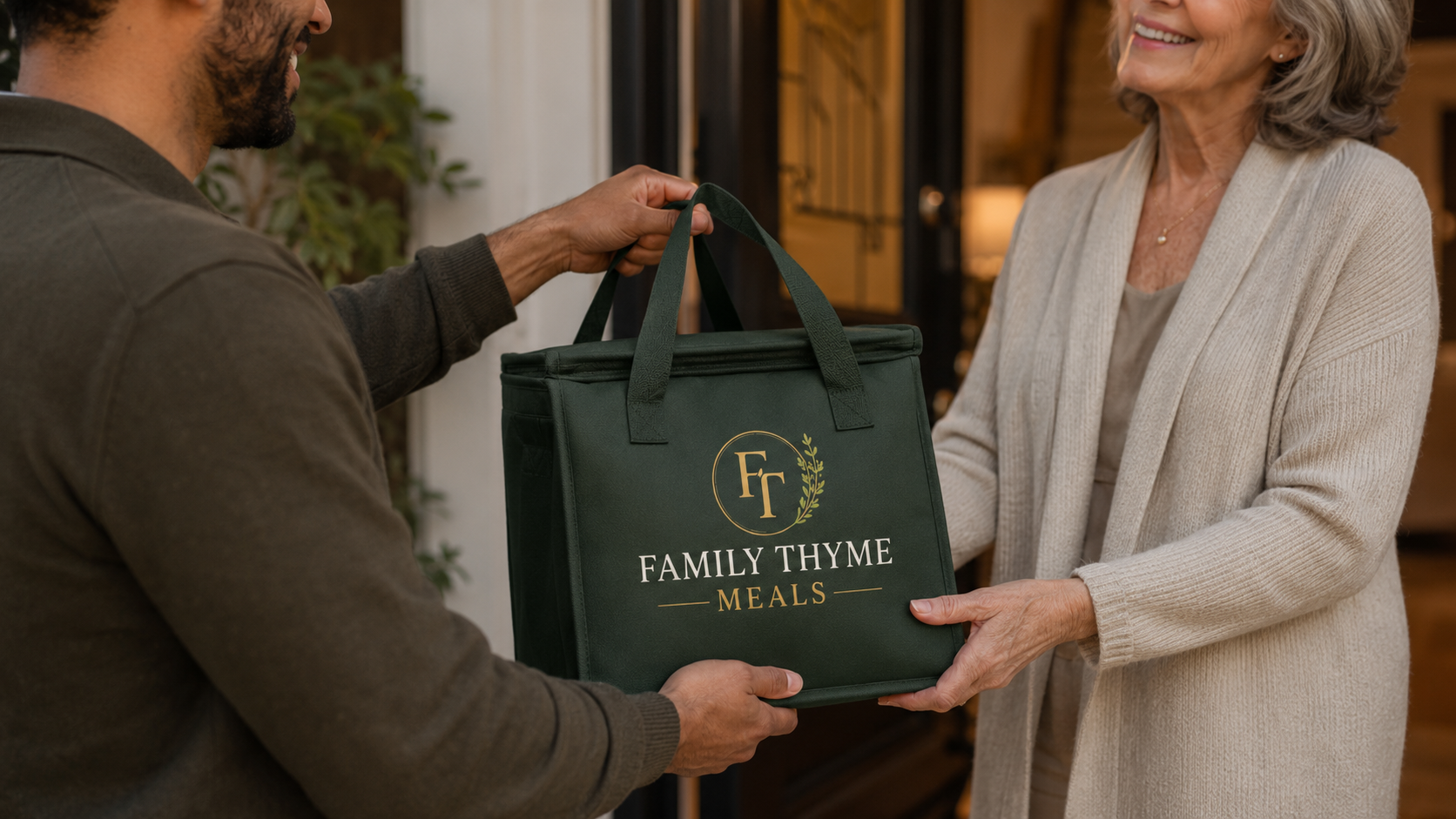 A Family Thyme Meals delivery bag being handed to a customer at home