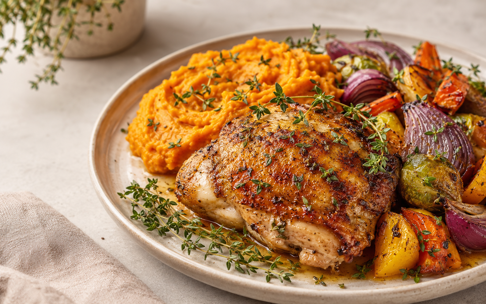 Herb-roasted chicken with colorful vegetables and sweet potato mash